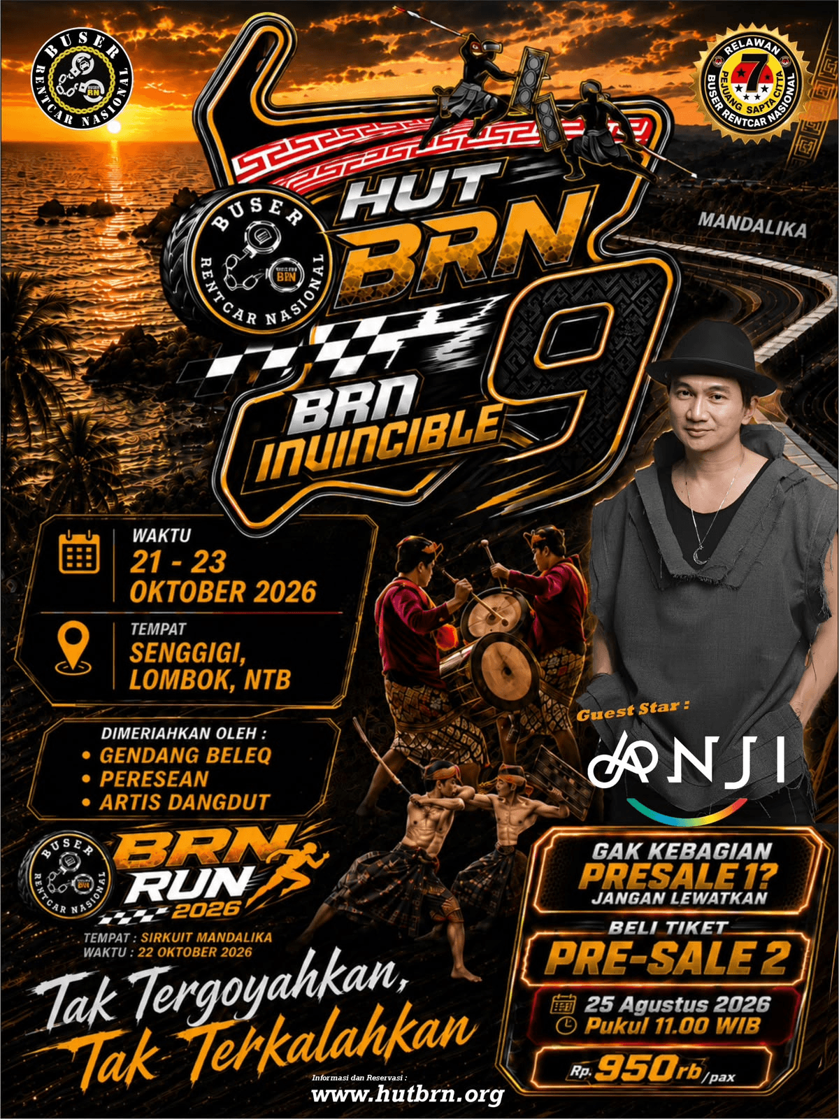 Poster HUT ke-9 Buser Rentcar Nasional di Senggigi, Lombok, 21–23 Oktober 2026, menampilkan Anji serta agenda BRN Run di Sirkuit Mandalika.